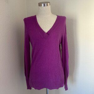Halogen V Neck Sweater Ribbed Long Sleeve 100% Cashmere Magenta  S